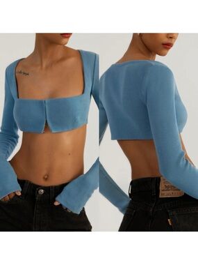 Orseund Iris Dusty Blue Cropped Square-Neck Long Sleeve Top